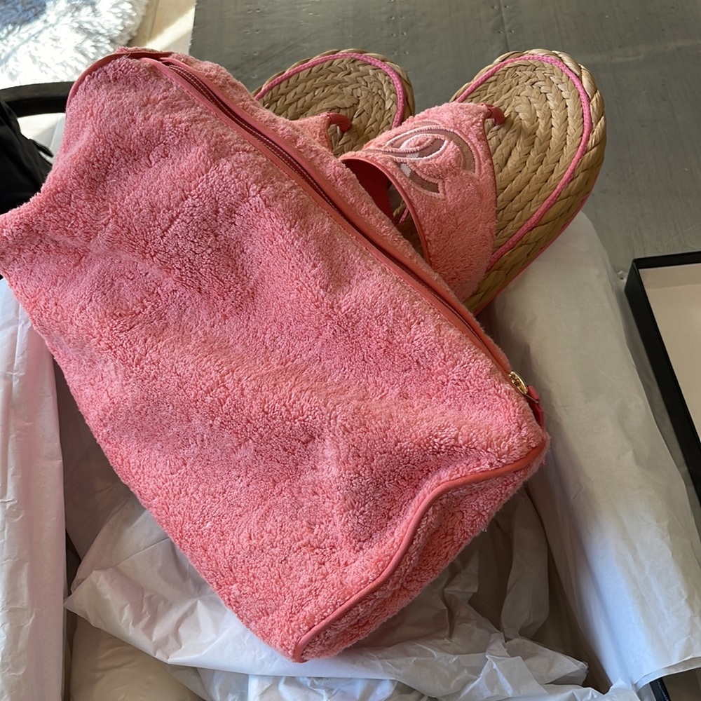 Chanel pink coral terry thong sandal flats woven braided raffia sz 39 - Picture 9 of 11